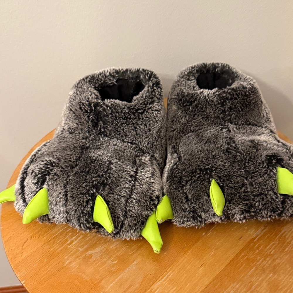 Gray Furry Monster Claw Slippers with Neon Green Claws